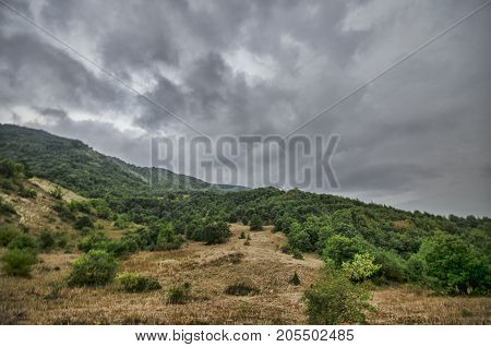Cycling Mountain Road. Misty Mountain Road In High Mountains. Cloudy Sky With Mountain Road Of Azerb