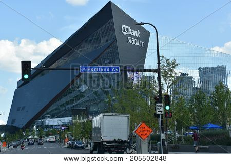 MINNESOTA, MINNEAPOLIS - JUL 27: US Bank Stadium in Minneapolis, Minnesota, as seen on July 27, 2017. It is the home of the Minnesota Vikings of the National Football League (NFL).
