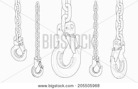 Hook with chain. Vector rendering of 3d. Wire-frame style. The layers of visible and invisible lines are separated