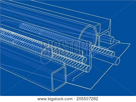 Rolled metal products. Vector rendering of 3d. Wire-frame style. The layers of visible and invisible lines are separated