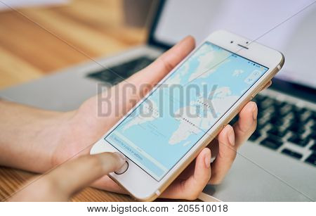 Bangkok Thailand - September 25, 2017 : Women hold a phone with show screen Google Maps is web mapping service application and technology provided by Google.