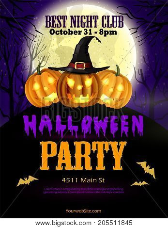 Halloween party flyer with pumpkins, hat, bats vector