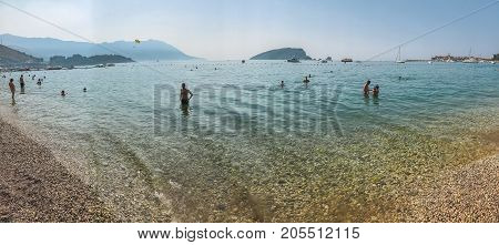 Budva, Montenegro - August 27, 2017: Panorama of the modern beach town of Budva, Montenegro, Europe. Budva is one of the best and most popular resorts of the Adriatic Riviera.