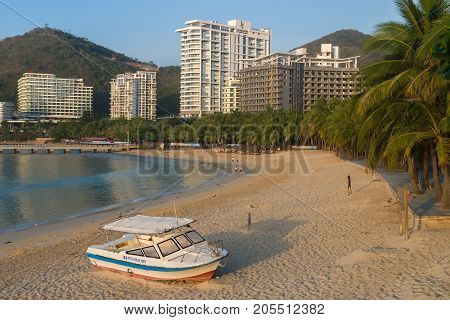 Sanya, China - April 04, 2017: Motor boat on the morning Dadonghai Beach on the tourist island of Hainan
