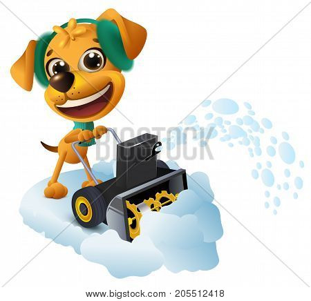 Snow removal. Yellow dog cleans snow with snow removing machine. Isolated on white fun vector cartoon illustration