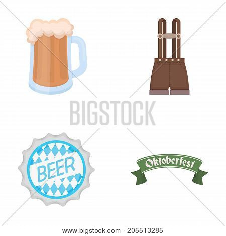 Shorts with suspenders, a glass of beer, a sign, an emblem. Oktoberfest set collection icons in cartoon style vector symbol stock illustration .