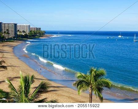 Scenic Morning View of Kaanapali Beach, Pacific Ocean, Resorts and Palm Trees - Lahaina, Maui, Hawaii.