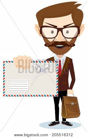 Handsome businessman in formal suit holding an envelope with a letter. Stock flat vector illustration.