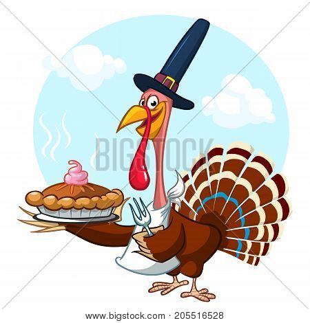 Thanksgiving Cartoon Turkey holding fork and pie isolated. Vector illustration of funny turkey wearing pilgrim hat