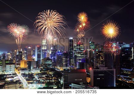 the beautiful firework over the Singapore cityscape