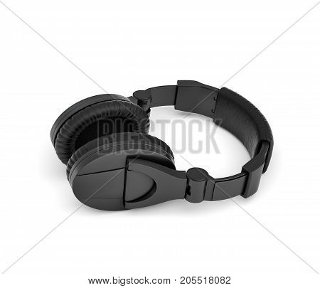 3d rendering of jet black wireless headphones with over-the-ear design lying on white background. Music fan. Listen to beat. Audio tech.