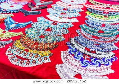 Closeup Of Beaded Necklaces Or Bracelets Made With Traditional Ukrainian Glass Beads On Table Displa