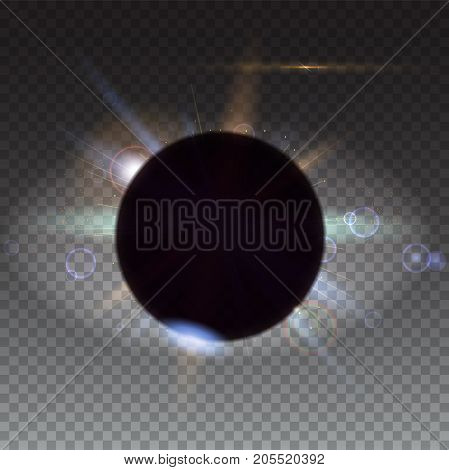 Solar eclipse, astronomical phenomenon, light rays and lens flare backdrop. Star burst with sparkles. The planet covering the Sun in eclipse, isolated on transparent.