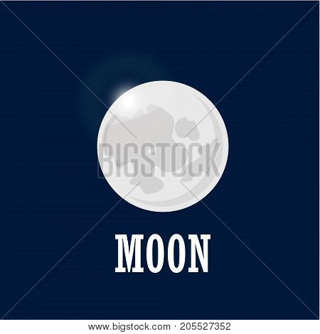 Bright moon on the night sky. Realistic moon in space on dark background with lettering