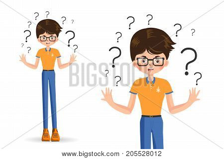 boy spread out her hands in misunderstanding isolated on white background vector illustration. Sad young woman with open hands gesture. A charming adult girl shrugs shoulders.Feel puzzled