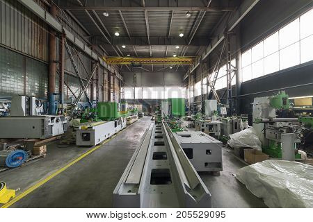 Machine tool base. Assembly shop of a modern factory.