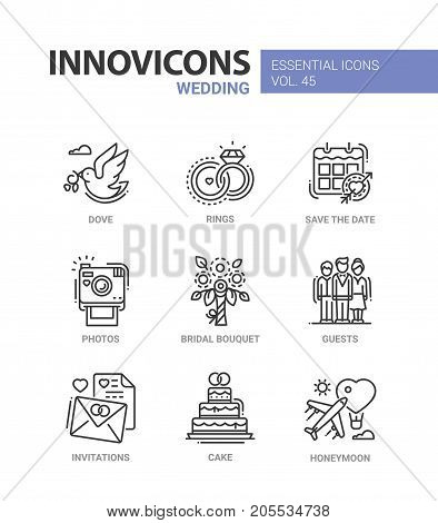 Wedding - modern essential vector line design icons set. Dove, rings, calendar, date, camera, photo, bridal bouquet, guests, invitation, letter, cake, plane, honeymoon. Have a happy marriage.