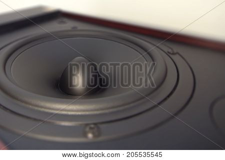 Hifi gold and black loud speaker box in close up.Professional audio equipment for dj, musician, party. High quality sound recording studio equip.Focus on hi-fi diffuser bullet in wood cabinet box.