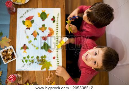 Sweet Children, Boys, Applying Leaves Using Glue