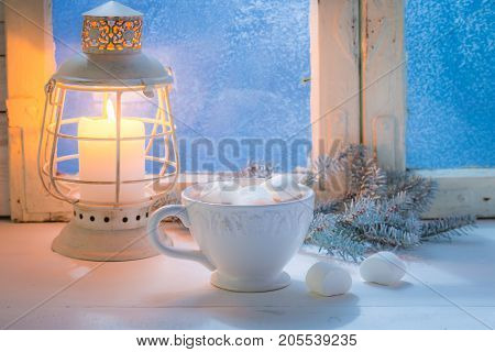 Enjoy Your Hot Christmas Chocolate With Marshmallows And Candle