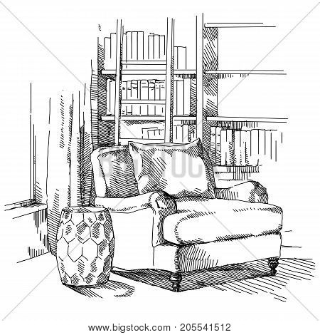 Contemporary modern interior hand drawing vector illustration.