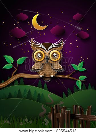 vector of owl hang on the tree with moon.
