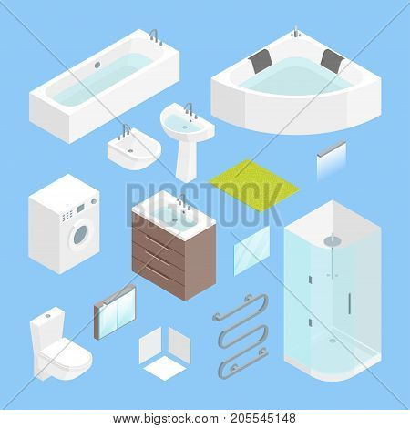 Furniture Bathroom Interior Element Set for Apartment, Shop or Hotel Isometric View Include of Cabine, Dryer and Toilet . Vector illustration