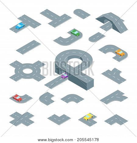Road Map Design Element Set Isometric View. Element Traffic for Direction Transport in Town or Highway Parts. Vector illustration