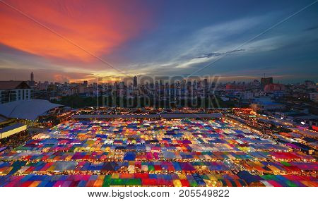 Night Market, The Train Of Ratchada At Bangkok City At Sunset, Thailand