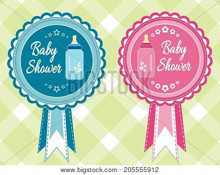 Set of Baby boy and girl arrival shower greeting announcement card with milk bottle. Vector sticker illustration postcard. Baby shower invitation card