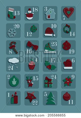 Adventcalendar with twentyfour christmas asset in blue