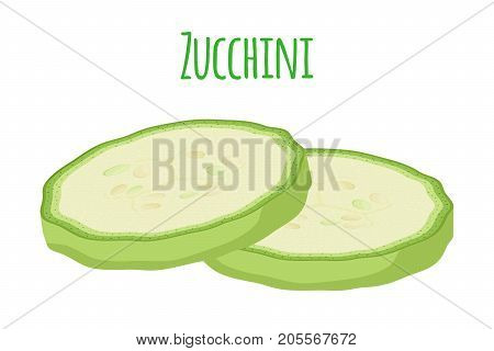 Fresh zucchini squash, vegetarian vegetable. Slices of courgette. Made in cartoon flat style. Vector illustration
