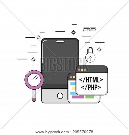 smartphone with web code programming software vector illustration