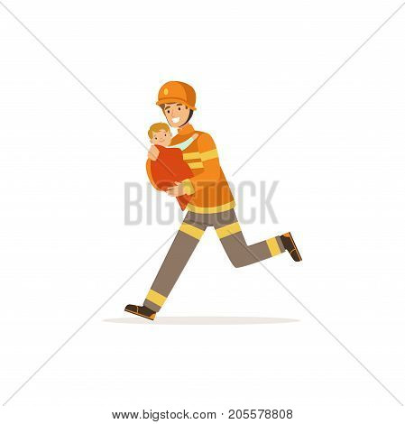 Fireman character in uniform and protective helmet rescuing a child, firefighter at work vector illustration isolated on a white background