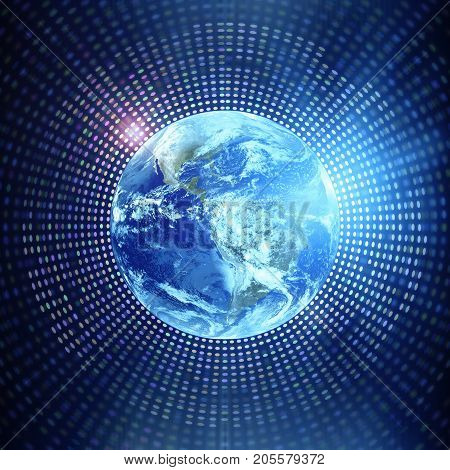 Globe on glowing digital background. Global business broadcasting and media concept.