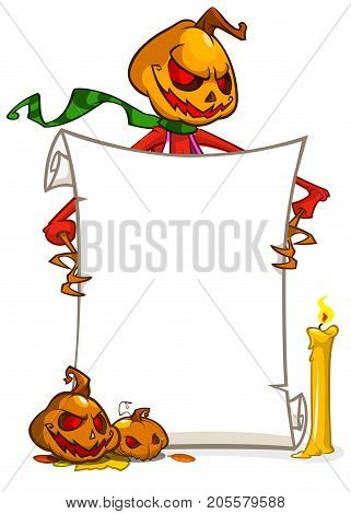 Cartoon Jack o lantern pumpkin head holding empty blank paper scroll for typing text for Halloween anouncement