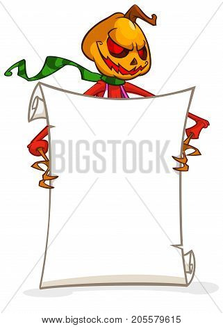 Cartoon Jack o lantern pumpkin head holding empty blank paper scroll for typing text for Halloween anouncement