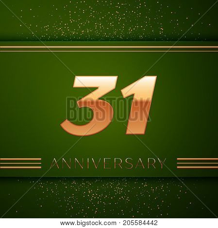 Realistic Thirty one Years Anniversary Celebration Logotype. Golden numbers and golden confetti on green background. Colorful Vector template elements for your birthday party