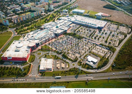PRAGUE, CZECH REPUBLIC - 9.09.2017: Aerial view of huge shopping centre Letnany of household goods and brand clothes with a lot of parking space in Prague, Czech Republic