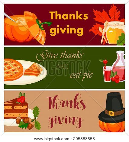 Happy thanksgiving card celebration banner design cartoon autumn greeting harvest season holiday brochure vector illustration. Traditional food dinner seasonal thanks giving poster.