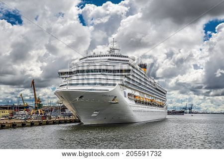 Klaipeda, Lithuania - August 20, 2017: Beautiful summer view on Klaipeda port and international cruise ship on Curonian Lagoon from The Curonian Spit, Klaipeda Lithuania.