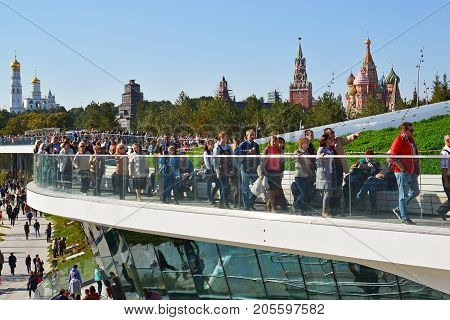 Moscow, Russia - September 23. 2017. People in the viewing platform in the park Zaryadye