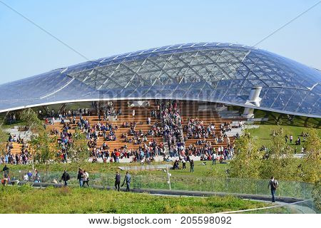Moscow, Russia - September 23. 2017. Glass bark and amphitheater in the new park Zaryadye.
