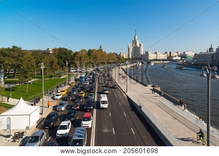 Moscow, Russia - September 23. 2017. Traffic on Moskvoretskaya embankment of the Moskva River.