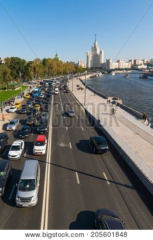 Moscow, Russia - September 23. 2017. Traffic on Moskvoretskaya embankment of the Moskva River.