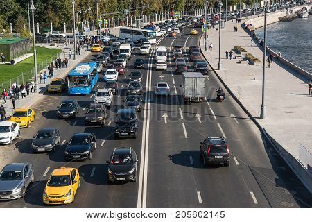 Moscow, Russia - September 23. 2017. Traffic on Moskvoretskaya embankment of the Moskva River.
