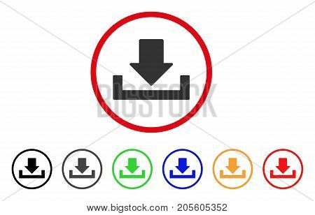 Download icon. Vector illustration style is a flat iconic download gray rounded symbol inside red circle with black, gray, green, blue, red, orange color variants.