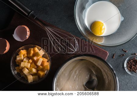 Base sauce, cheese, egg with cream, whisk for mornay sauce horizontal