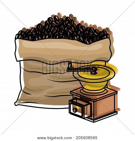 bag of coffee beans and griding with crank colorful watercolor silhouette vector illustration