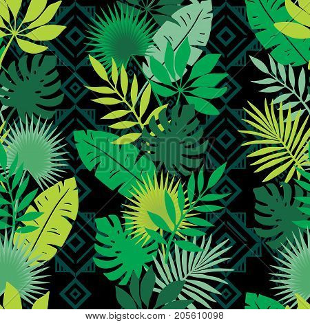 Seamless pattern of tropical leaves on the dark background with geometric ornament. Jungle foliage. Green palm leaves for design. Vector seamless pattern. Tropical illustration.